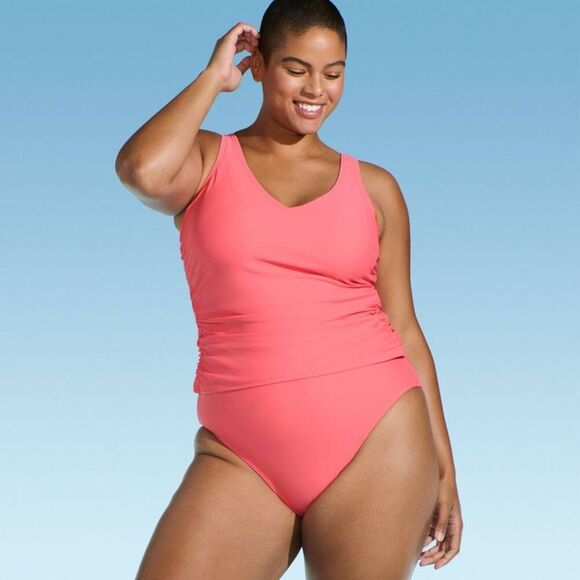 Lands' End - Women's V-Neck Shirred Tankini Top - Co Pink - Picture 1 of 4